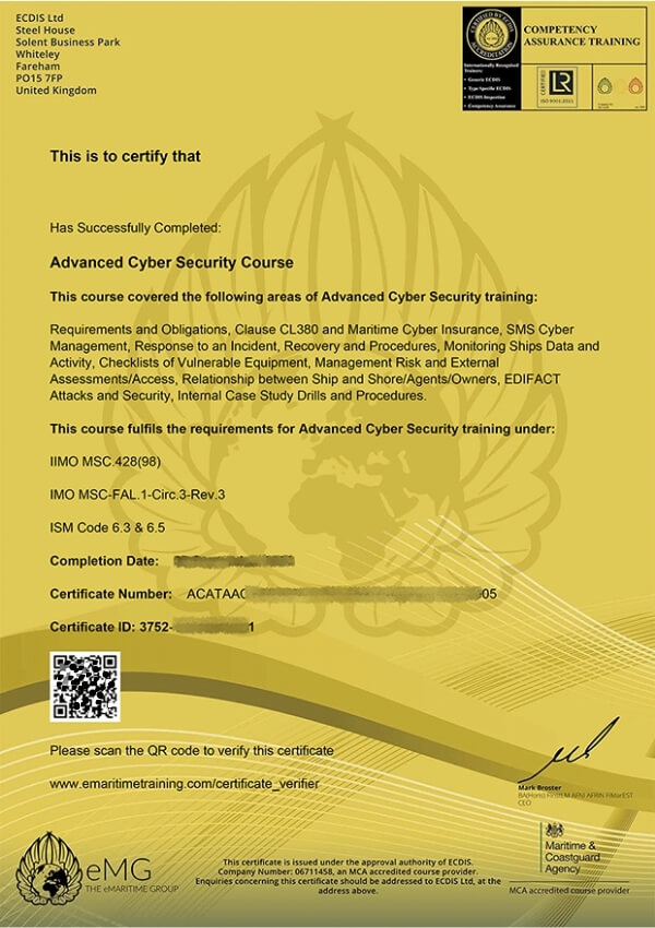 ECDIS Advanced Cyber Security Course Certificate