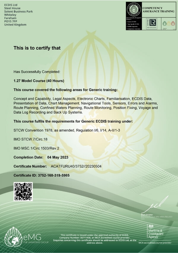 IMO Generic 1.27 Course Certificate for completing Ecdis IMO Course