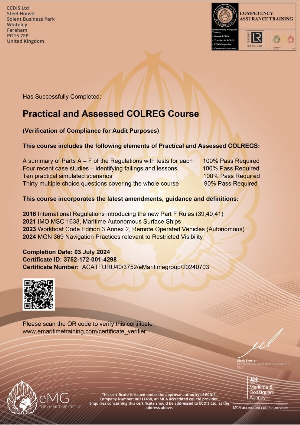 ISM COLREGS Course Certificate