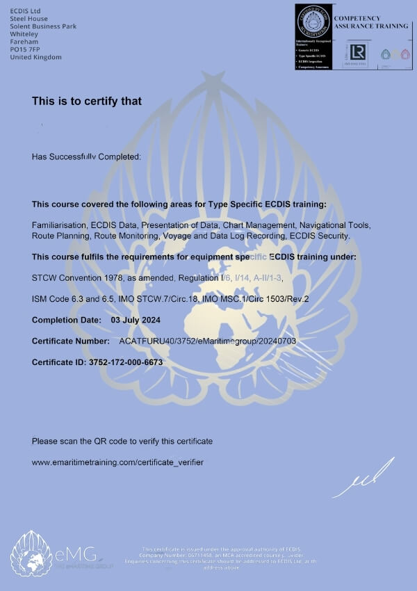 ISM Type Specific Certificate for completing Ecdis ISM Course